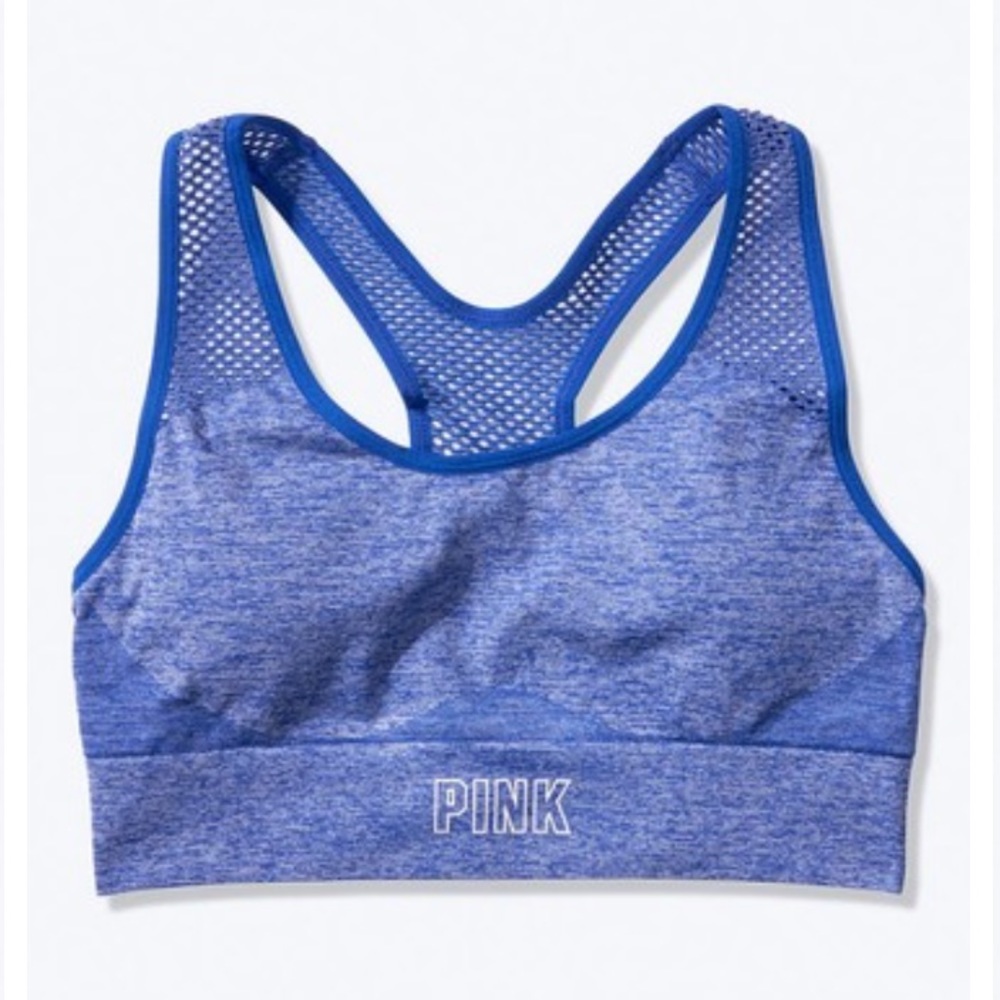 EUC VS PINK SEAMLESS LIGHTLY-LINED GYM RACERBACK SPORTS BRA Blue Oar Marl